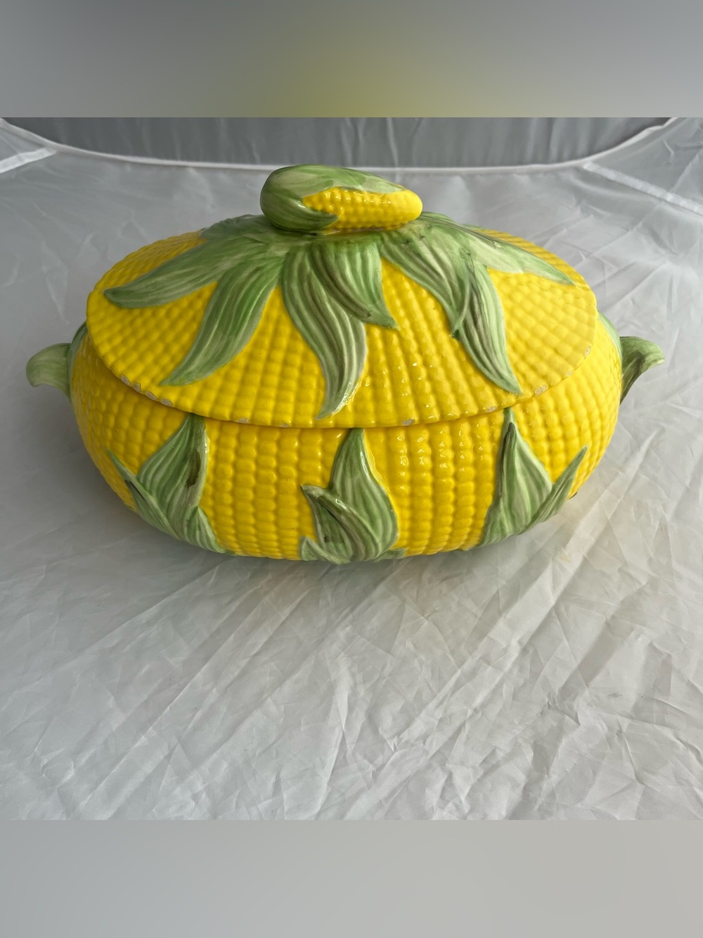 Vintage 70's Ceramic Lidded Corn Yellow Casserole Dish 12x6.5x5.5”